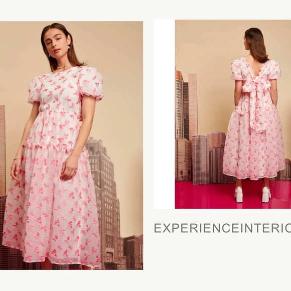 SISTER JANE Rare Midi Puff Smock Dress in Pink Floral Jacquard Size Medium NEW! - Picture 16 of 16